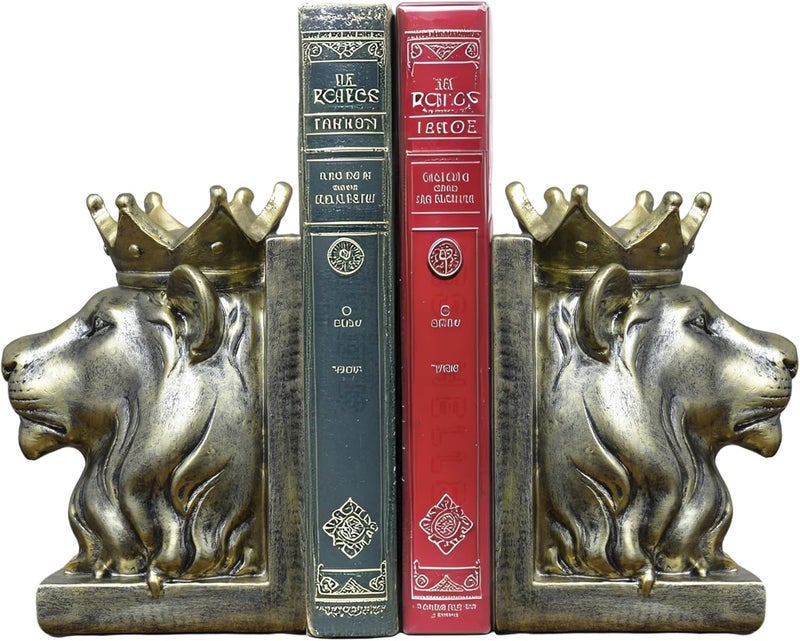 Kakizzy Vintage Gold Lion Book Ends,Animal Decorative Bookends,Resin Book Holder,Luxurious Book Ends for Shelves Rooms Office Home Decor,Unique Book Lover Gift(Gold Lion) - Image 1